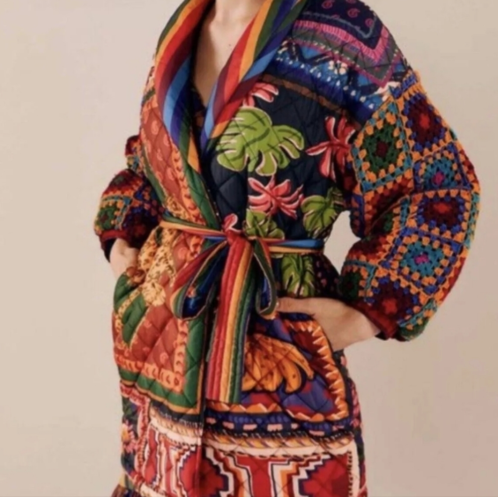 Farm Rio Patchwork Tapestry Crochet Puffer Jacket